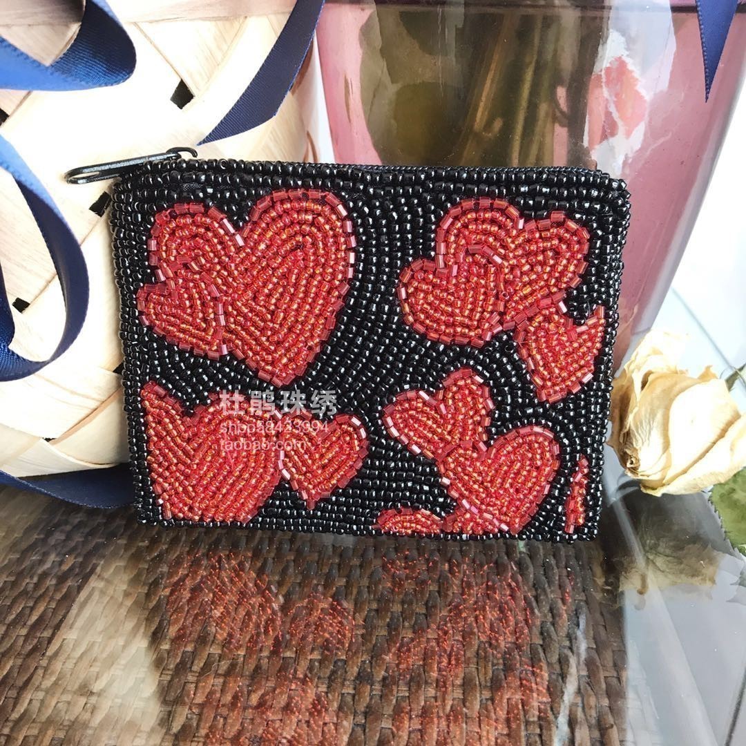 Rhododendron Beaded Embroidery Cartoon Square Original Handmade Beaded Red Love Coin Earphone Storage Hand Hold Coin Purse