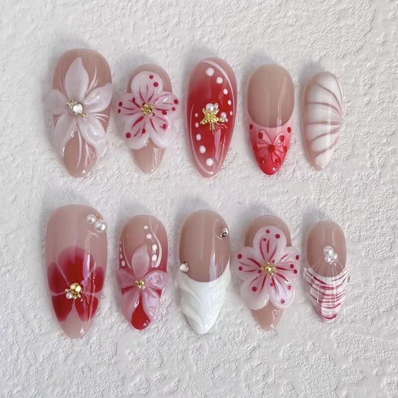 Purely Handmade French-Style Burgundy Gradient Wearable Nails, New Three-Dimensional Flower and Starfish Design, Brightening and Gentle Style Nail Patches