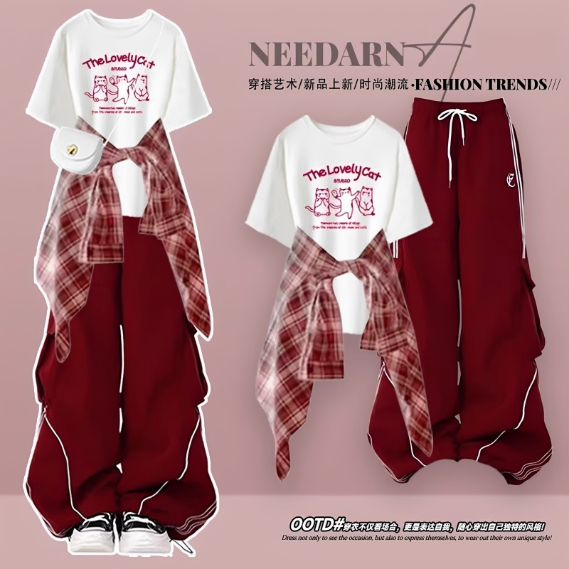Red Shirt, Short-Sleeved T-Shirt, Cargo Pants Three-Piece Set for Women, Summer, Middle and High School Students, Street Dance Jazz Dance Outfit