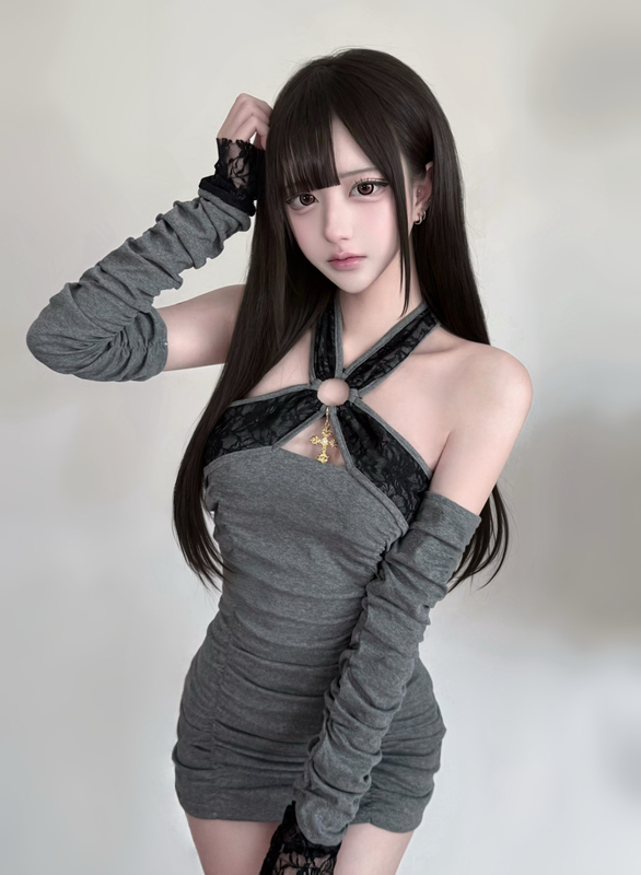 【Witch's Contract】Cold Desire Gray-Black Lace Patchwork Ruched Cross Halter Neck Slim Fit Off-Shoulder Top 【Witch's Contract】Cold Desire Gray-Black Lace Patchwork Ruched Cross Halter Neck Slim Fit Off-Shoulder Top