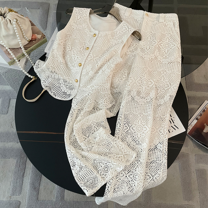 European High-End French Style Casual Fashion Suit for Women 2026 New Summer Lace Vest Two-Piece Set