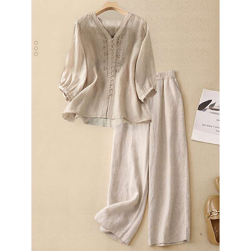 European Fashion Casual Cotton and Linen Suit for Women 2026 New Summer Stylish Linen Shirt and Wide-Leg Pants Two-Piece Set