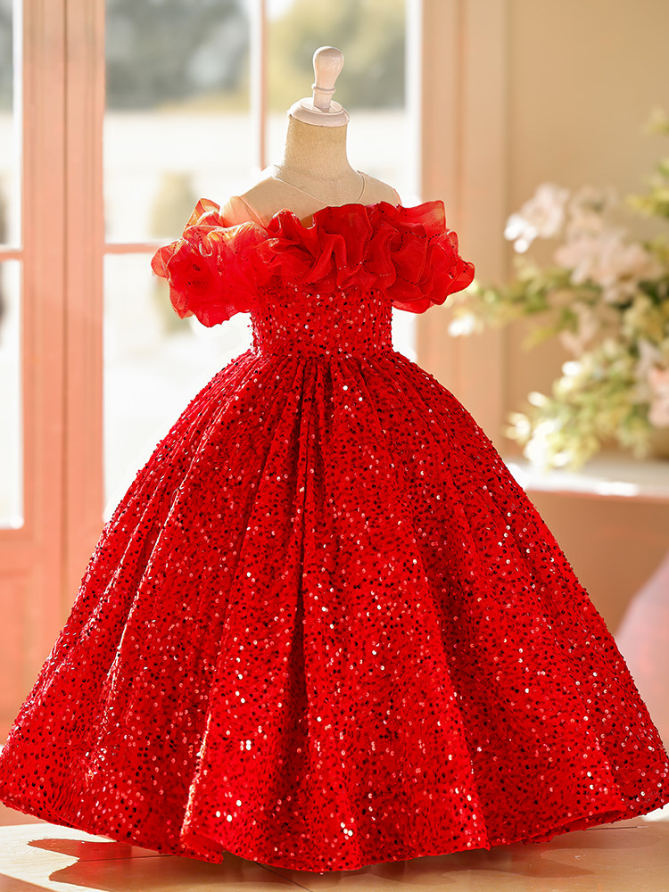 Girls' Dress, Princess Dress, Red Runway Show Host, Kidsren's Dress, Piano Performance Dress, Wedding Flower Girl Dress
