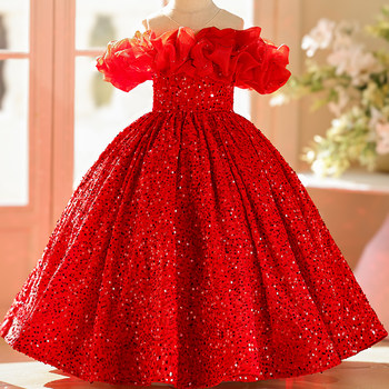 Girls' Dress, Princess Dress, Red Runway Show Host, Kidsren's Dress, Piano Performance Dress, Wedding Flower Girl Dress