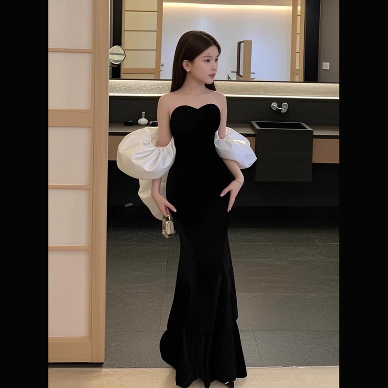 Girls' Dress for Catwalk, Niche Black Bodycon Skirt, Children's Dress, High-End Light Luxury Birthday Party Host Evening Dress