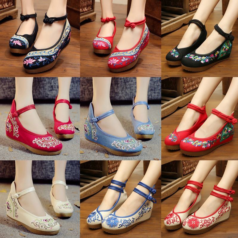 Versatile Old Beijing High-Heeled Cloth Shoes with Ethnic Style Embroidery, Rubber Sole, Hanfu Round Toe, Shallow Mouth, Buckle Strap, Dance Shoes