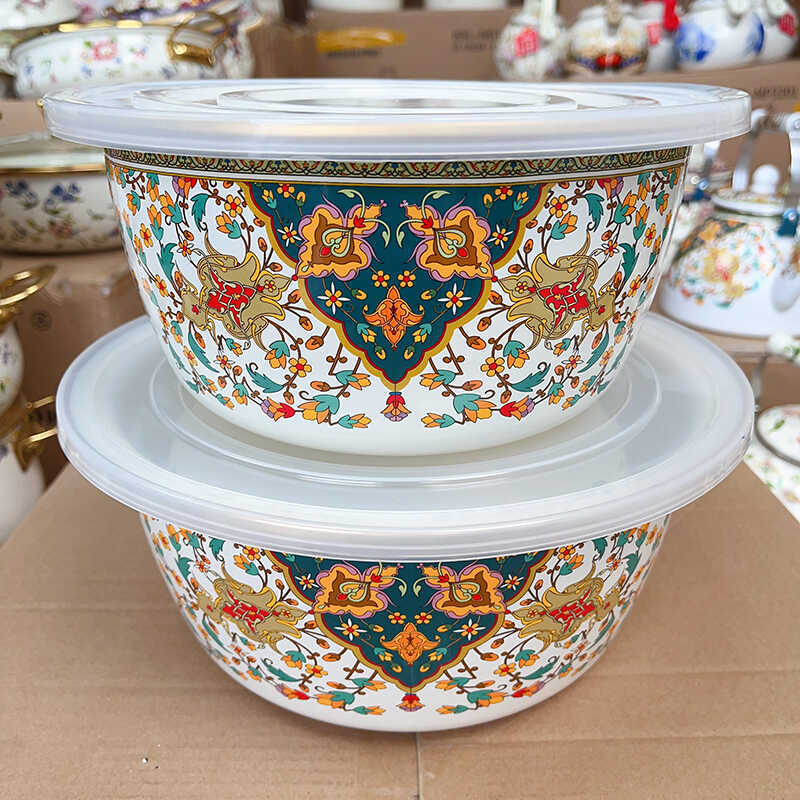 24+28cm Vegetable Washing Basin, Russian-Style High-End Dough Mixing Bowl, Non-Stick with Enamel Lid, Dough Proofing Bowl