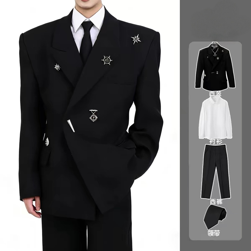 Men's Suit with Shoulder Pads, High-End Lapel Collar, Waist-Cinching Blazer for Adult Ceremonies and Stage Performances