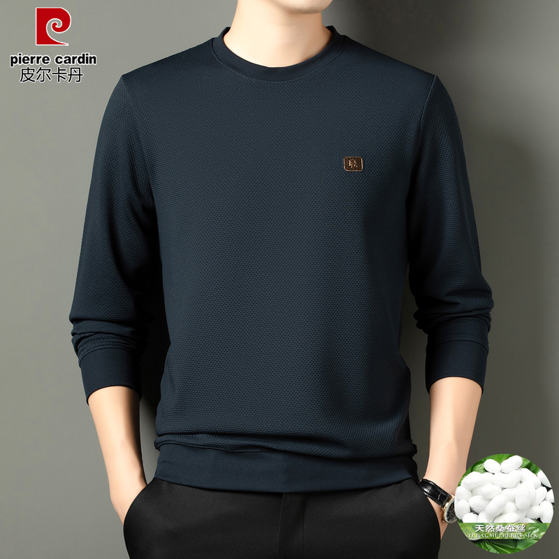 Authentic Pierre Cardin Mulberry Silk Round Neck T-Shirt Men's Long-Sleeved Sweatshirt Spring and Autumn New Sweatshirt Base Shirt