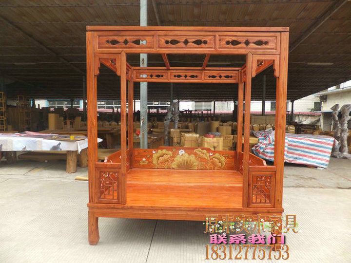 YL022 Chinese stepping canopy bed double bed carving stepping bed elm Ming and Qing antique solid wood bed tatami