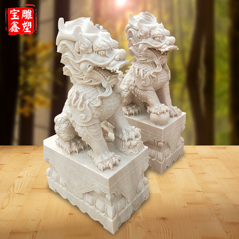 Stone carving unicorn dragon claws a pair of Han white jade stone unicorn gate bluestone sunset red stone lion animal finely carved ornaments