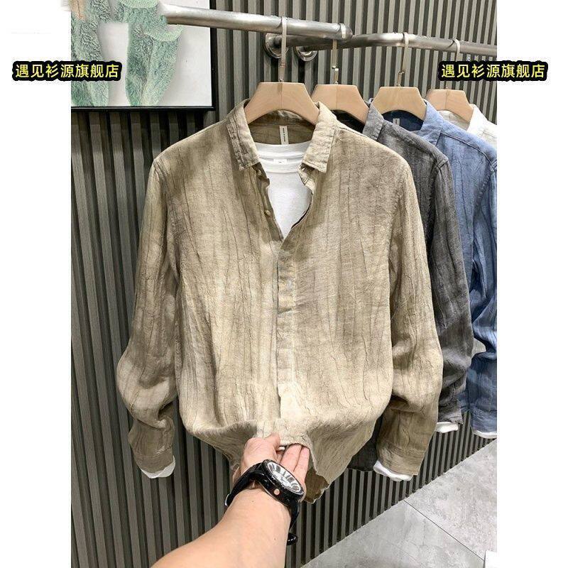 European Trendy Brand Spring and Autumn Style High-End Niche Luxury Linen Shirt for Men, Long-Sleeve, Stylish and Unique Jacket Clothing