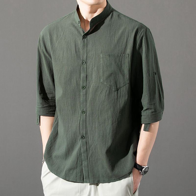 Three-Quarter Sleeve Shirt for Men, Chinese Style Linen T-Shirt, Solid Color, Simple, Loose, Casual, Breathable, Tang Suit, Versatile Shirt