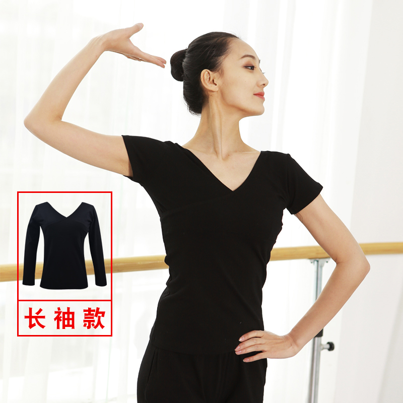 Dance tops Practice clothes V collar women short sleeves long sleeves black adult dance clothes dance clothes cross dance clothes slim autumn