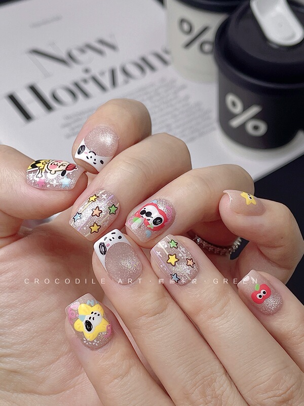 Snoopy Hand-Drawn Cartoon Summer New Style Hand-Painted Playful Nail Art Cute Ins-Style Dopamine Short Nails