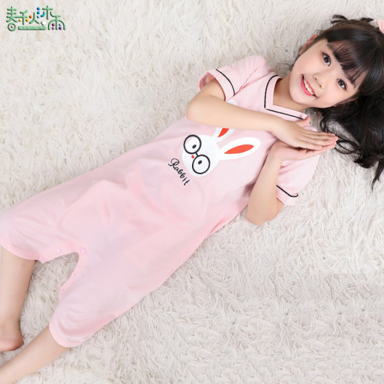 Children's one-piece pajamas thin section home boys and girls baby anti-cold dinosaur cotton air-conditioning clothing one-piece summer