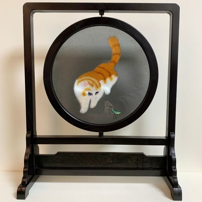 Handmade Su embroidered Exotic Cat Purple Light Sandalwood Rack Finished Products Double-sided Embroidery Embroidery Masterpiece Table Screen Gift-Taobao