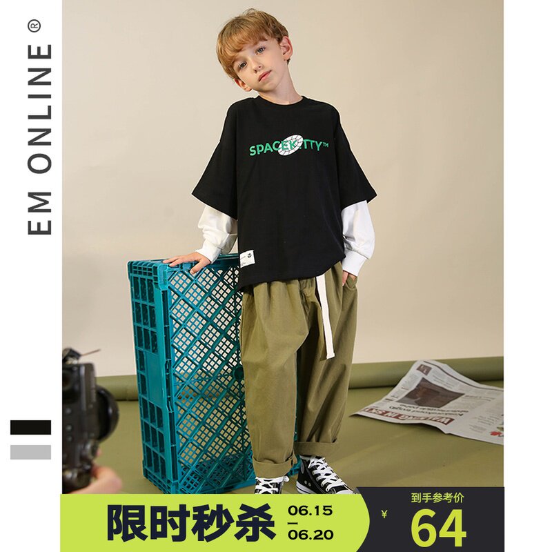 EM Children Clothing Children Fake Two Weaters Pure Cotton 2022 Spring Autumn Boy Trend Long Sleeve Printed T Street Dance Performance