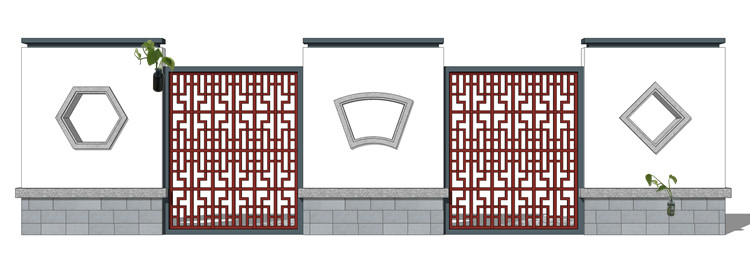 新中式徽派苏州园林风格庭院围墙铁艺防护栏窗花草图大师SU模型