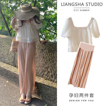 Pregnant woman summer dress Han Edition relaxed casual tops T-shirt feels summer small lad broken legs belly suit