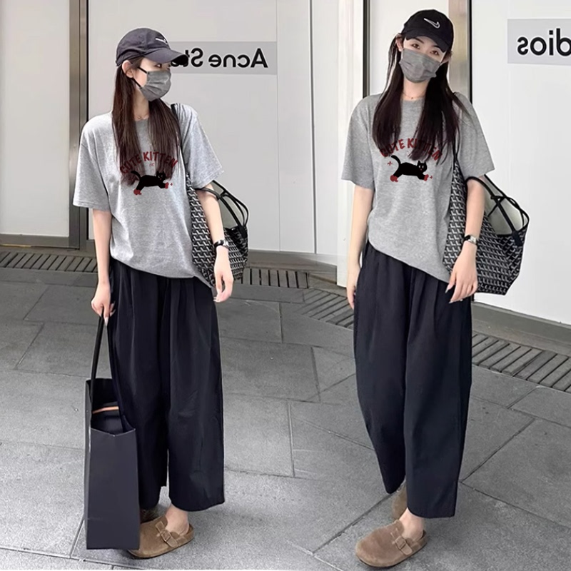 Maternity Summer Suit 2026 New Loose Cartoon Print Short-Sleeved T-Shirt Women's Workwear Pants Casual Two-Piece Set