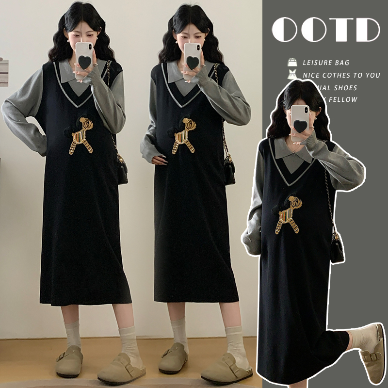 Maternity Dress Autumn 2026 New Fashion Spring and Autumn Jacquard Polo Collar Knit Faux Two-Piece Mid-Length Dress