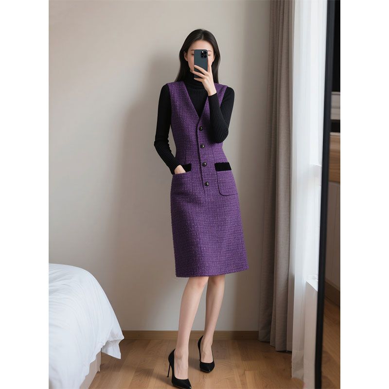 High-End Chanel-Style V-Neck Sleeveless Vest Dress for Women, New Spring and Autumn Style, Elegant and Fashionable Mid-Length Tank Dress