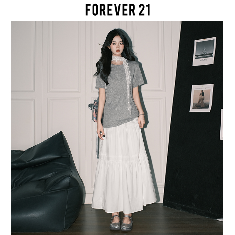 Forever21 ホワイトライトスプリングAラインスカート レディース 韓国風ドレープケーキスカート ハイウエスト ビッグスイングフェアリーロングスカート