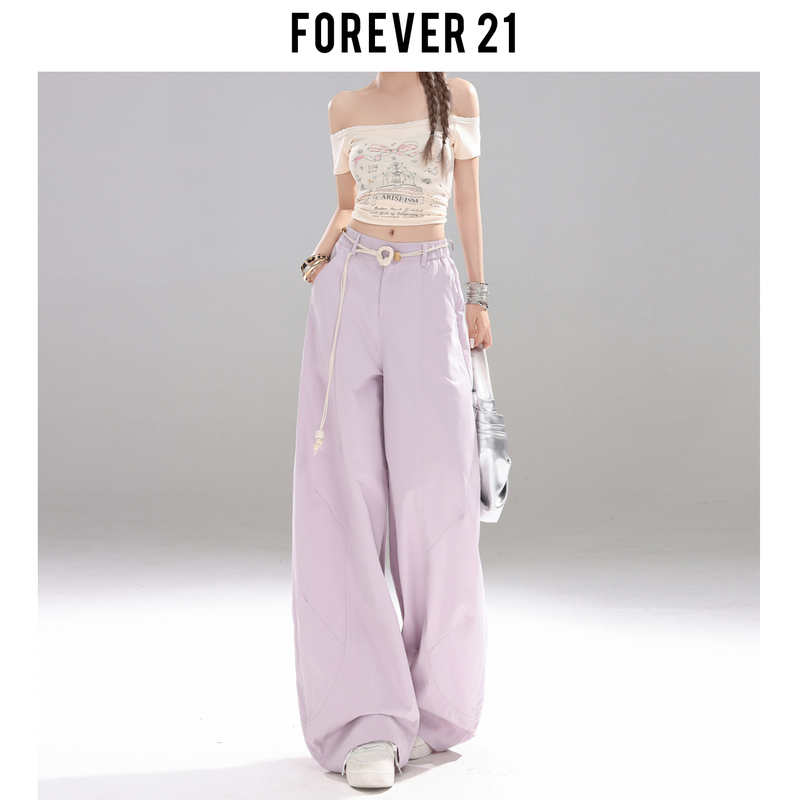 Forever 21 Niche Purple Wide-Leg Casual Pants for Women, American-Style High-Waisted Design, Pear-Shaped Straight-Leg Pants