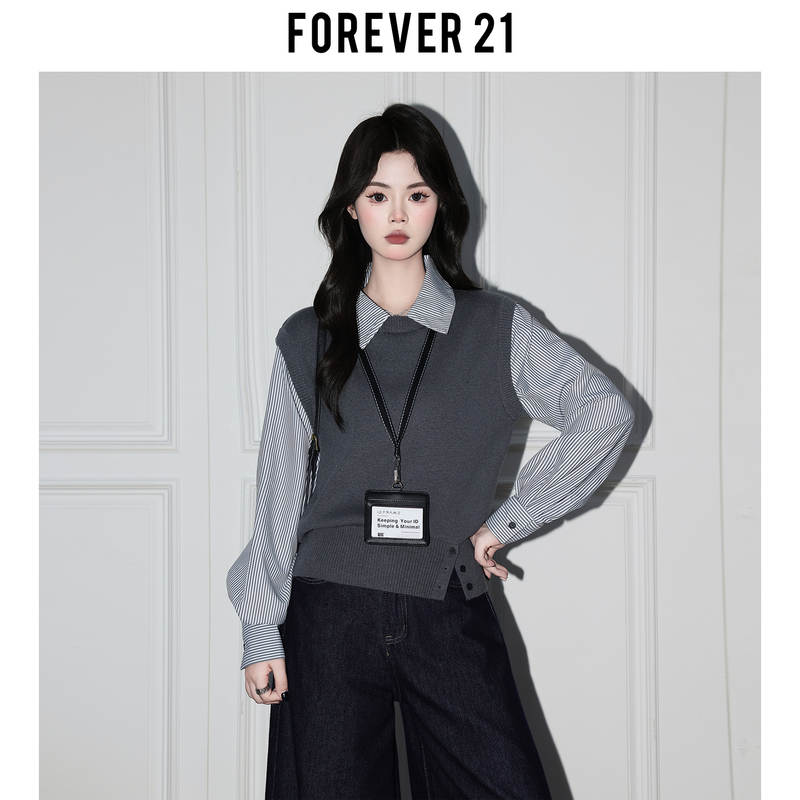 Forever 21 Korean Style Gray Fake Two-Piece Knitted Top for Women, Preppy Striped Shirt with Patchwork Lapel Sweater Forever 21 Korean Style Gray Fake Two-Piece Knitted Top for Women, Preppy Striped Shirt with Patchwork Lapel Sweater