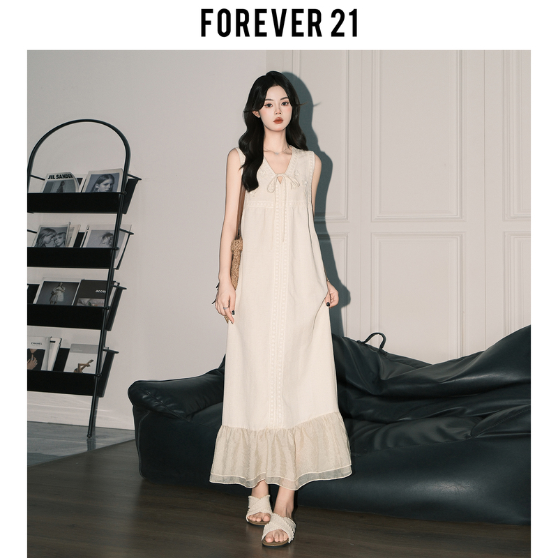 Forever21 Gentle Apricot V-Neck Floral Vest Dress for Women, French Resort Style Crochet Sleeveless Long Dress Forever21 Gentle Apricot V-Neck Floral Vest Dress for Women, French Resort Style Crochet Sleeveless Long Dress