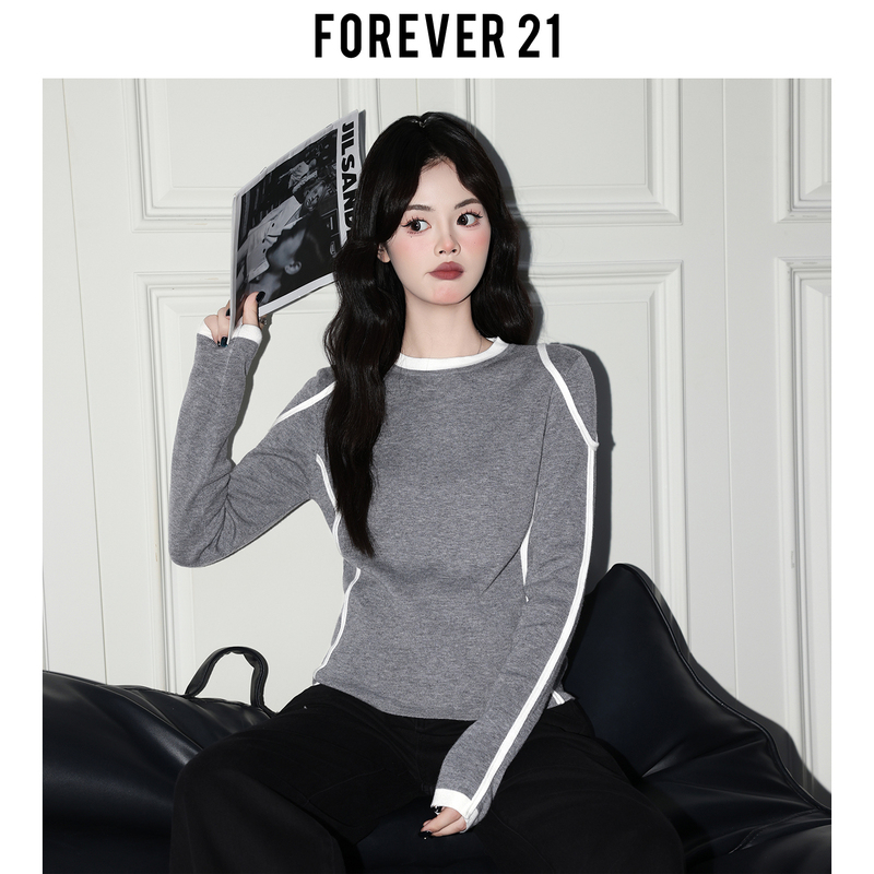 Forever 21 Lazy Style Gray Round Neck Soft Sweater for Women Korean Chic Color-Blocking Warm Base Knit Top Forever 21 Lazy Style Gray Round Neck Soft Sweater for Women Korean Chic Color-Blocking Warm Base Knit Top