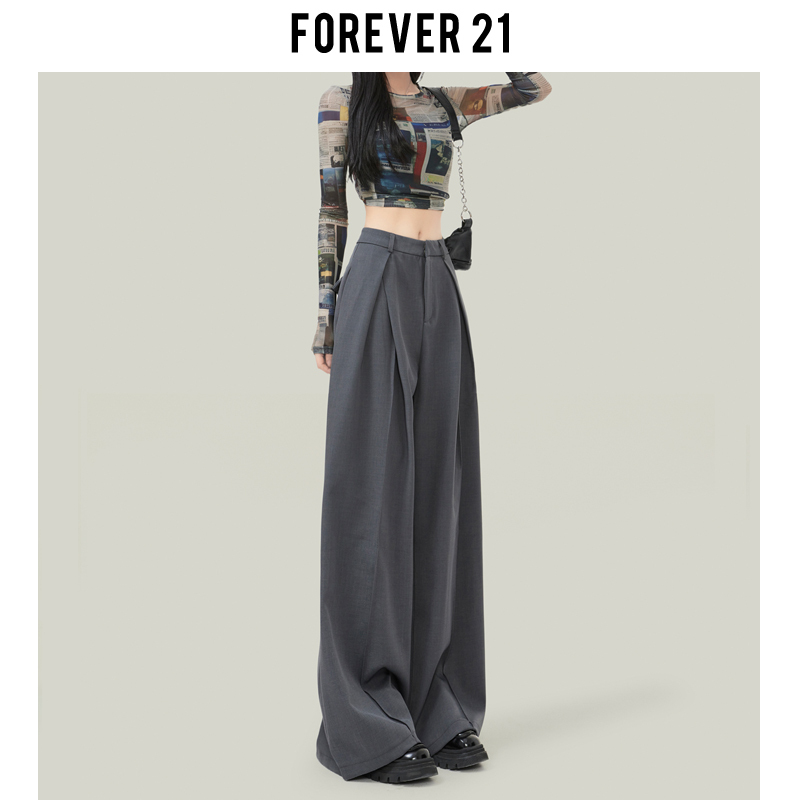 Forever 21 Gray Suit Pants for Women, Spring Drapey Slim Straight-Leg Pants, Petite High-Waisted Wide-Leg Casual Pants