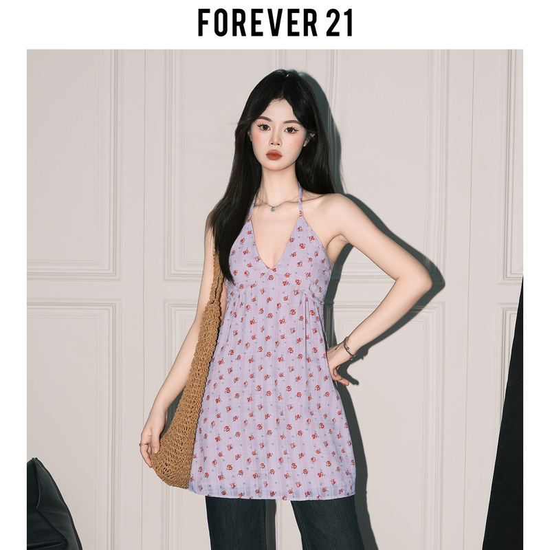 Forever21 Pure Desire Purple Floral V-Neck Halter Top Women's Summer Loose Sleeveless Shirt Beautiful Back Camisole Top Forever21 Pure Desire Purple Floral V-Neck Halter Top Women's Summer Loose Sleeveless Shirt Beautiful Back Camisole Top