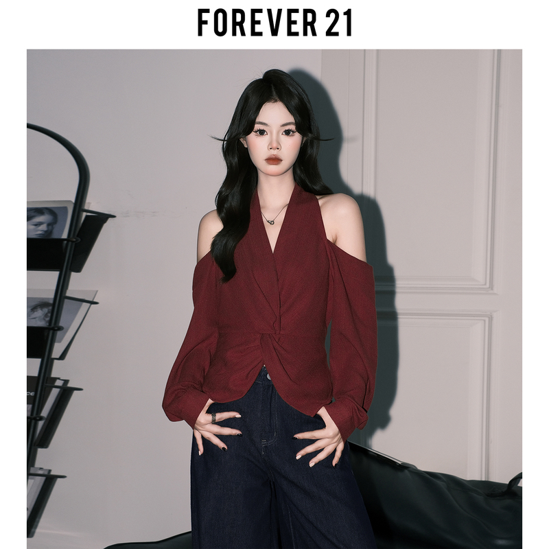 Forever21 Pure Desire Red Halter Neck Off-Shoulder V-Neck Shirt for Women, Autumn Korean Style Twisted Long-Sleeve Slim-Fit Top Forever21 Pure Desire Red Halter Neck Off-Shoulder V-Neck Shirt for Women, Autumn Korean Style Twisted Long-Sleeve Slim-Fit Top