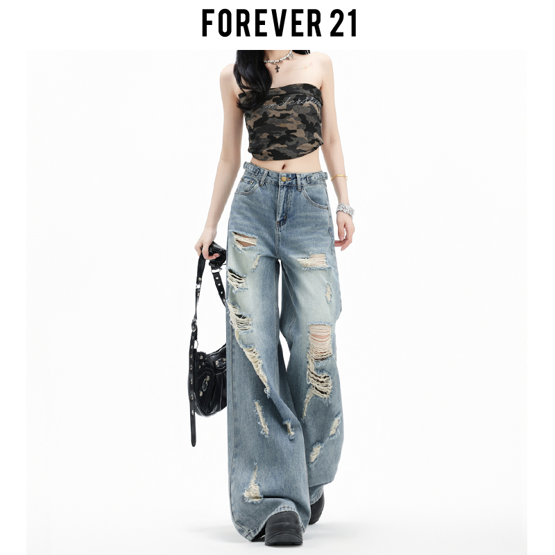 Forever 21 Niche Light Blue Ripped Wide-Leg Jeans for Women, Summer American Style High-Waisted Loose Drape Straight-Leg Pants Forever 21 Niche Light Blue Ripped Wide-Leg Jeans for Women, Summer American Style High-Waisted Loose Drape Straight-Leg Pants