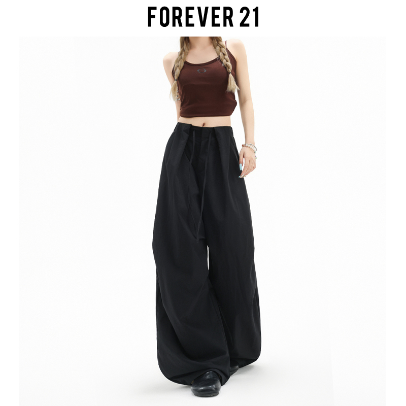 Forever 21 American-Style Black Quick-Drying Workwear Casual Pants for Women, High-Waisted, Loose, Wide-Leg Paratrooper Pants