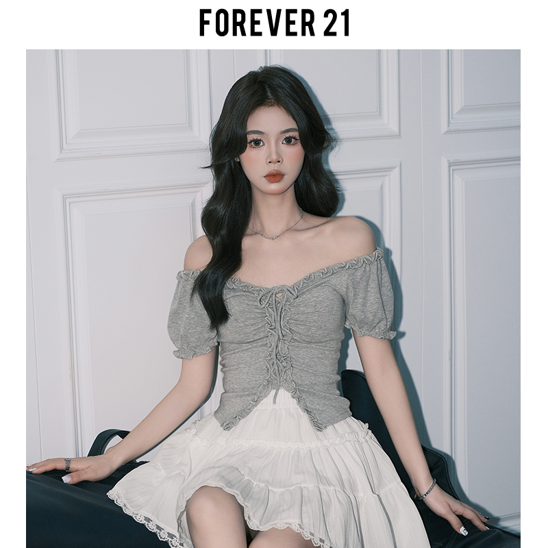 Forever 21 Sweet and Spicy Puff Short-Sleeve Off-Shoulder Top for Women, Spring Gray Pure Desire V-Neck Ruffled T-Shirt Top