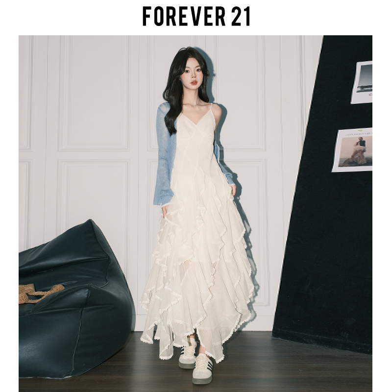 Forever21 フレンチホワイト Vネック サスペンダードレス レディース イレギュラーメッシュ ケーキスカート ホリデービーチ ロングスカート