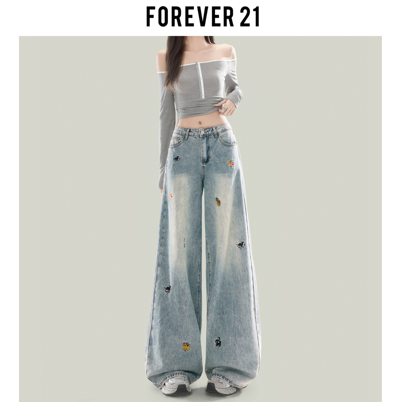 Forever 21 New Style Puppy Embroidered Wide-Leg Jeans for Women, American Style Light Blue High-Waisted Slim Straight Pants