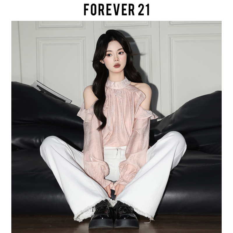 Forever21 Gentle ins Pink Halter Neck Long Sleeve Chiffon Blouse Women's Ruffled Off-Shoulder Top Elegant Blouse