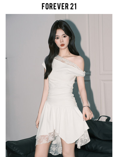 Forever21 Beautiful Pure Desire-vestido de encaje con hombros descubiertos para mujer, falda corta asimétrica de cintura blanca francesa, corte en A