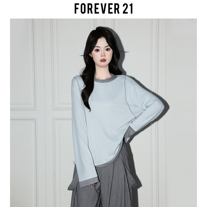 Forever21 Super Stylish Korean Style Fake Two-Piece Blue Crew Neck T-Shirt for Women, Autumn Thin Long-Sleeve Color-Block Loose Top Forever21 Super Stylish Korean Style Fake Two-Piece Blue Crew Neck T-Shirt for Women, Autumn Thin Long-Sleeve Color-Block Loose Top