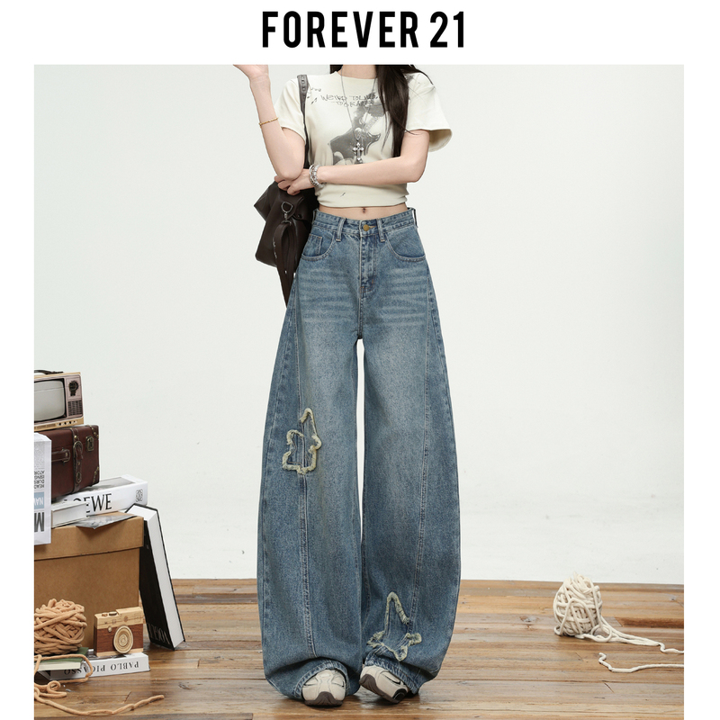 Forever 21 American Style Star High-Waisted Wide-Leg Jeans for Women, Spring Design, Blue Loose Pear-Shaped Scimitar Pants Forever 21 American Style Star High-Waisted Wide-Leg Jeans for Women, Spring Design, Blue Loose Pear-Shaped Scimitar Pants