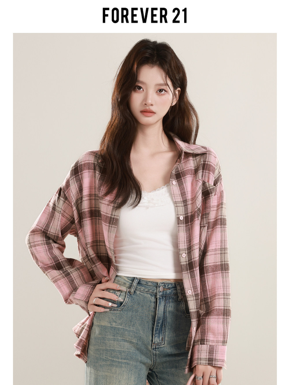 Forever21 Hong Kong style pink plaid shirt, women's loose design cardigan, casual loose long-sleeved top.