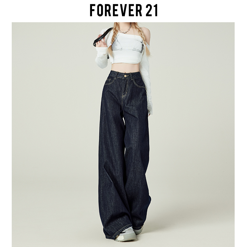 Forever 21 Retro Denim Blue Wide-Leg Jeans for Women, American Style High-Waisted Loose Drape Pear-Shaped Floor-Length Pants