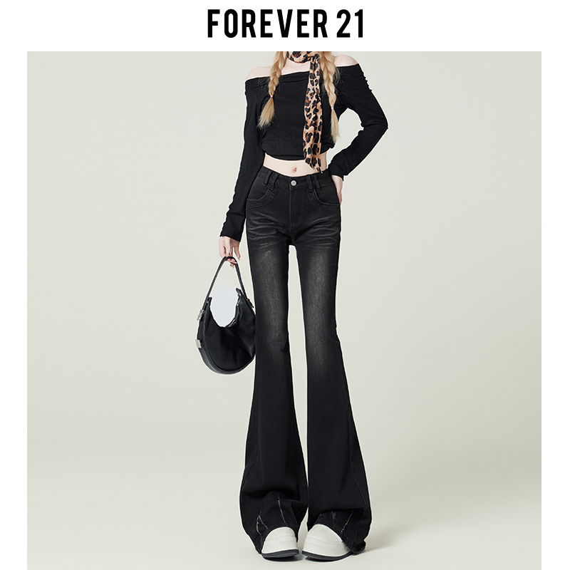 Forever 21 Black Slim-Fit Flared Jeans for Women, Spring American Style, Trendy High-Waisted Bootcut Pants