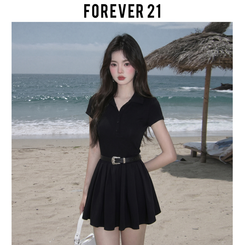 Forever 21 Preppy Style Black Waist-Cinching Polo Collar Dress for Women, Summer Vintage Slimming Pleated Puffy Short Skirt