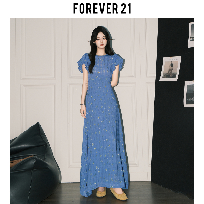 Forever21 Pastoral Style Blue Floral A-Line Waist-Cinching Long Dress for Women, Summer French Puff Short-Sleeve Stunning Dress Forever21 Pastoral Style Blue Floral A-Line Waist-Cinching Long Dress for Women, Summer French Puff Short-Sleeve Stunning Dress