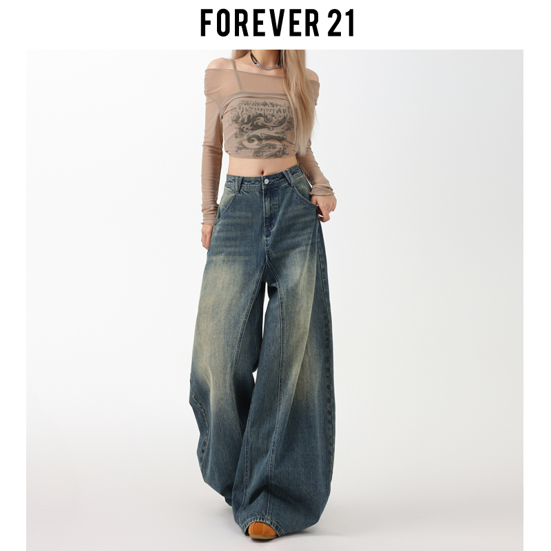 Forever 21 American Retro Blue Drapey Loose Scimitar Jeans for Women with High Waist Design and Pear-Shaped Wide-Leg Pants